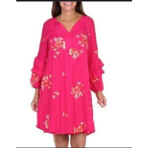 NWT Fig & Flower Anthropologie hot pink embroidered Ruffled sleeve lightweight D